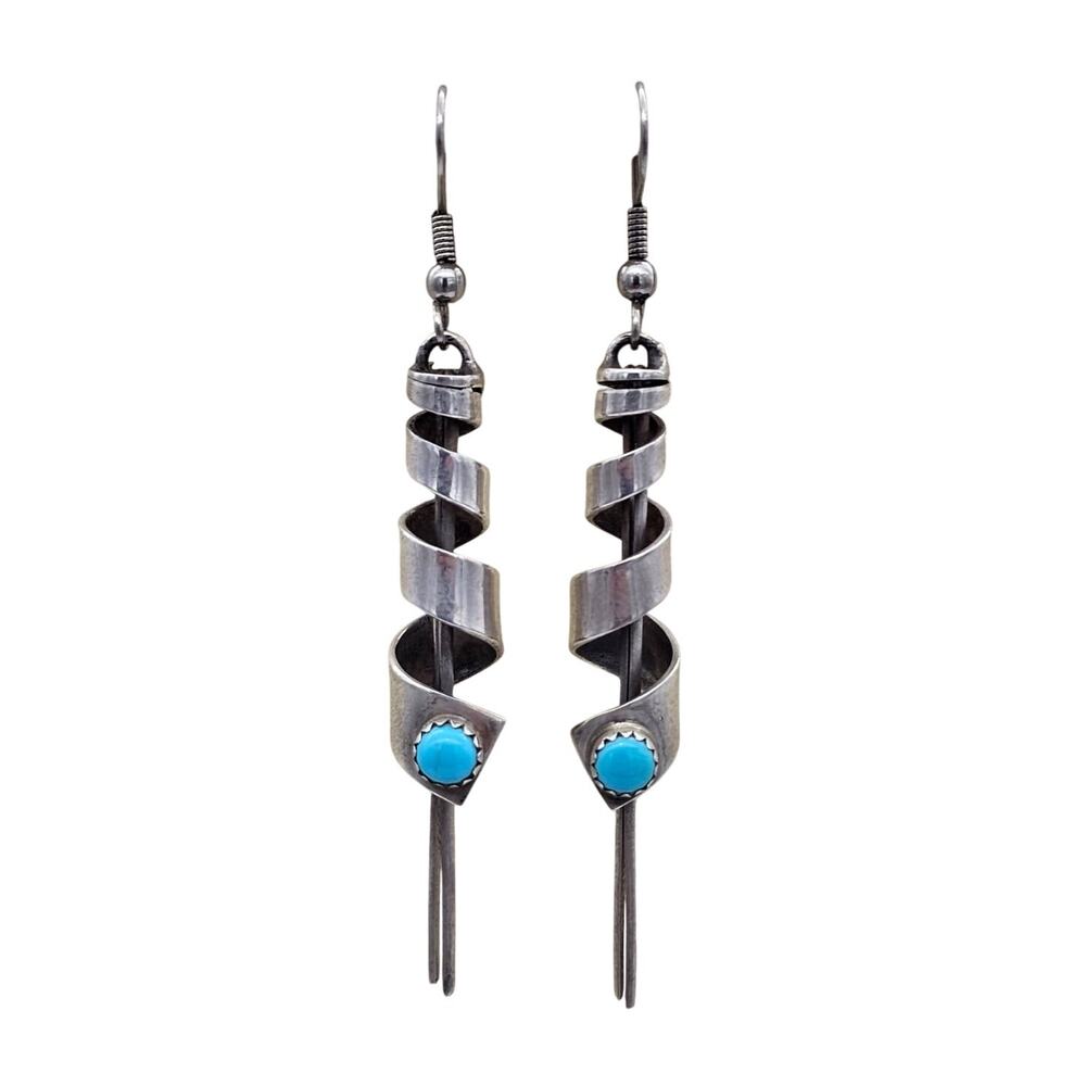 Vtg Frank Yazzie FY Navajo Sterling Spiral Turquoise Dangle Earrings w/Turquoise